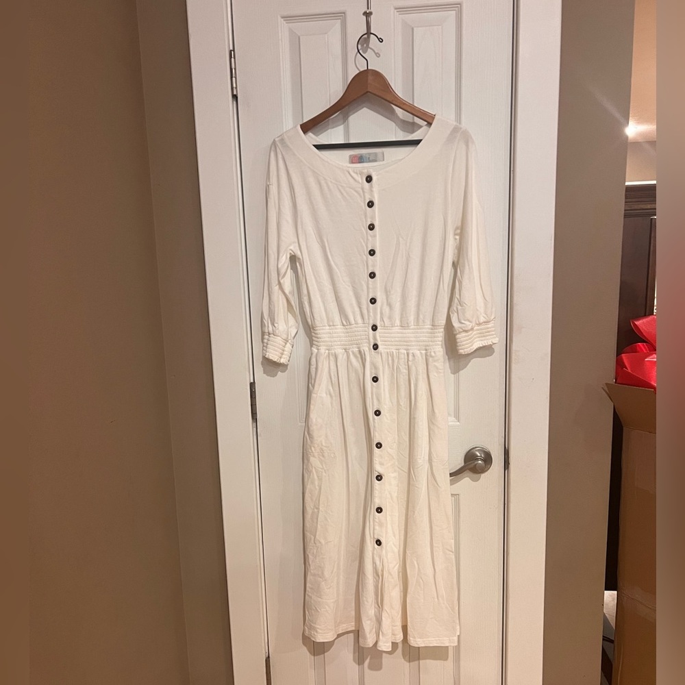 Anthropologie: White Button Front Maxi Dress With Sleeves—M